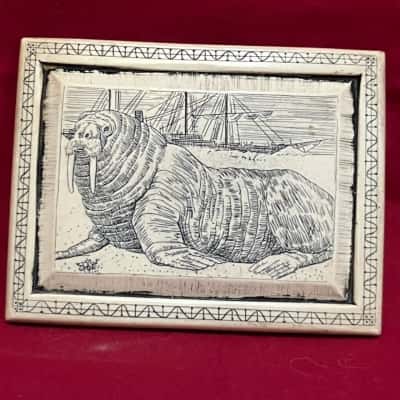 Vintage Replica Scrimshaw Styled Picture of Walrus & Ship 