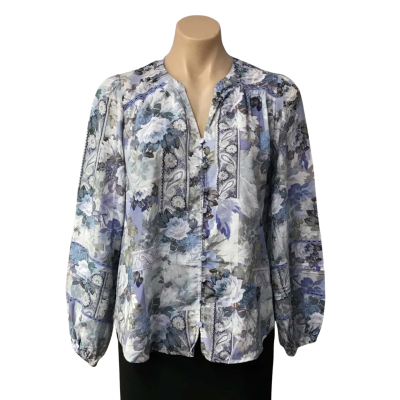 Just Jeans Womens Size 8 Blue / Grey / White Floral / Lace Trim Long Sleeve Shirt