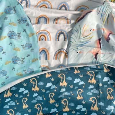 Rainbow Pattern (150cm x 50cm) Blue Flamingo (110cm x 130cm) Blue Giraffe (150cm x 45cm) And Light Blue Whale Pattern (105cm x 50cm) Fabric