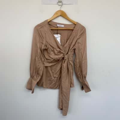 Osker Latte Long Sleeve Front Knot Blouse Top Size XS 