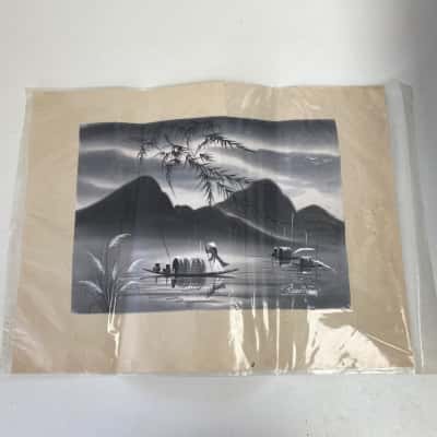 Vietnamese Black ANd White Watercolor Painting On Silk Traditional Vietnamese Landscape 