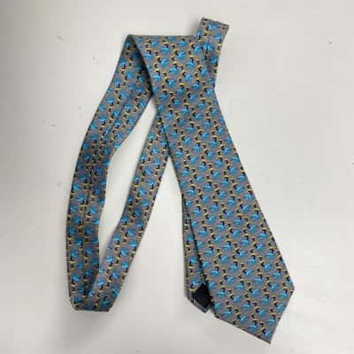 Blue Grey Elephant Pattern 100% Silk Made In India Ties 