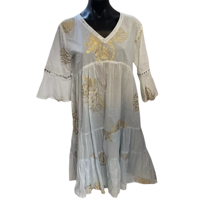 DEBBIE KATZ  Womens  Size M Babydoll Dress Blue / Gold / Pattern / White 