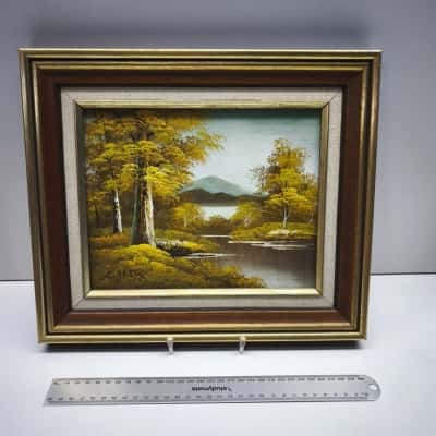 Vintage Signed L Jesse Oil Painting Autumn Lake Landscape Framed Art