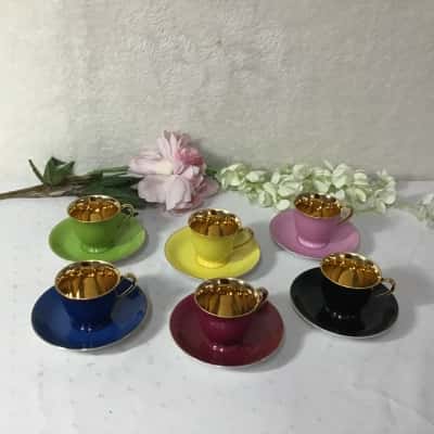 Vintage Noritake China Set of 6 Multicoloured / Gold Interior Demitasse Cups & Saucers 