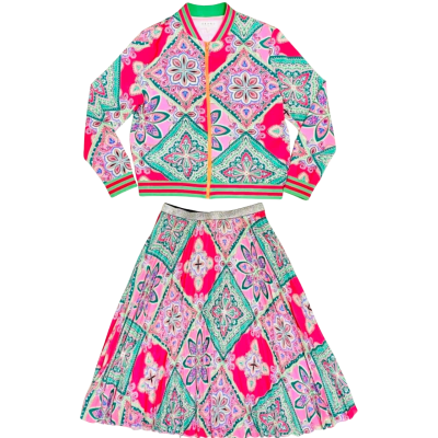 Leoni Women’s Size 12/14 Multicoloured (Pink / Green) Intricate Pattern Varsity Jacket & Skirt Set