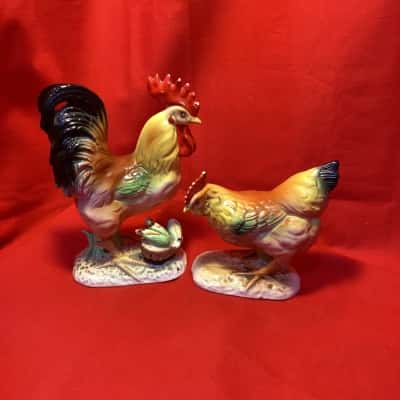 Vintage Mid Century Ceramic Rooster & Hen Figurine Pair