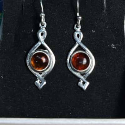 Silver Tone Earrings With Amber Coloured Resin Gems