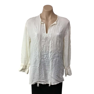 Theory Womens Size M Cream / Embroidered Pattern 100% Silk Long Sleeve Top