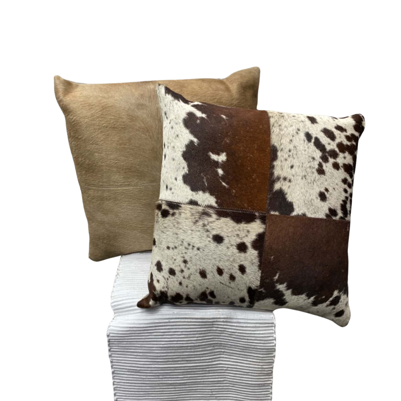 2 x Raw cow hide cushions. (s)
