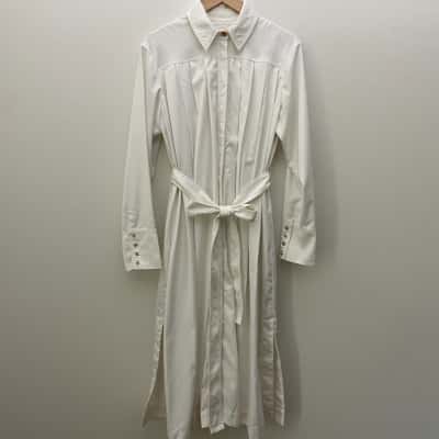 AJE Womens  Size 12 Belted Shirt Dress - Long Sleeve Button Front White 