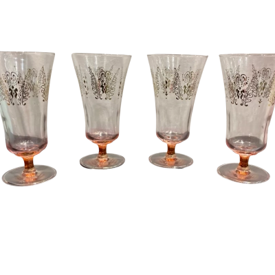 Set of 4 Crown Corning champagne flutes from Australia featuring pink bases and gold designs