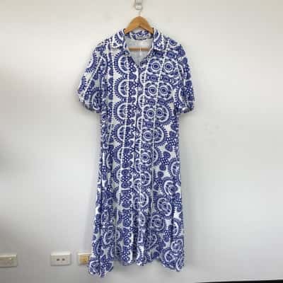 Lorraine Blue White Floral Short Sleeve Button Up Maxi Dress Size 14 