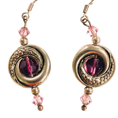 Purple / Silver Circle Spiral Dangling Earrings 