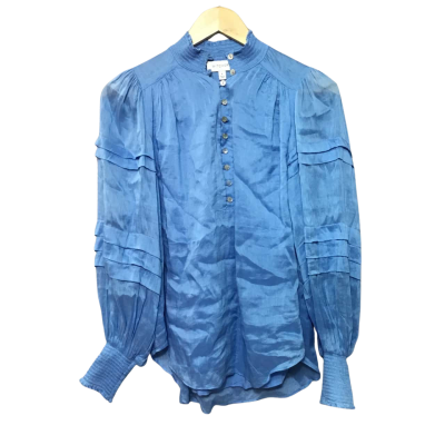 Witchery Women's  Size 4 Long Sleeve Linen-blend Blue Blouse