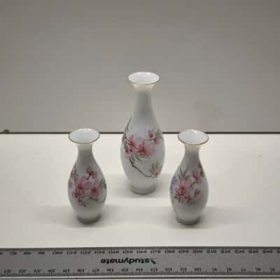 Vintage Miniature Porcelain Bud Vases Set of 3 Pink Blossom Floral Stamped Red Seal Mark