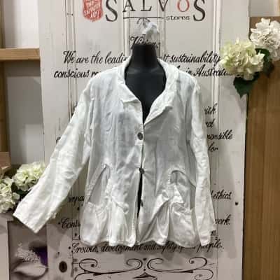 Jane Daniels Brand! MADE IN NEW ZEALAND! 100% QUALITY LINEN SHIRT COLLAR BUTTON UP JACKET! EXQUISITE STITCH DETAILING! Womens  Size 10 Blazer White 