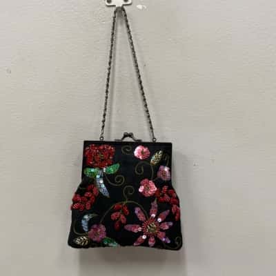 Olga Berg Womens Small Beaded Handbag / Purse Black  / Floral 
