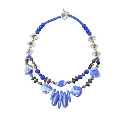 Hand Made Blue/Black/Silver-tone Beaded Necklace