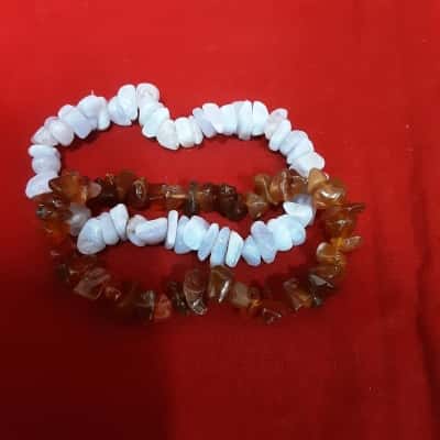 2 x elasticated bracelet featuring blue lace agate chip and carnation gemstone chip