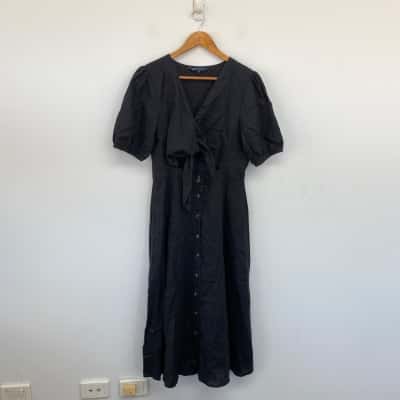 French Connection Black Cut Out Button Detail Linen Midi Dress  Size 10 