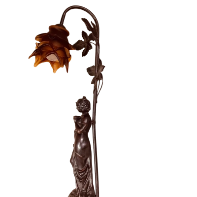 Antique Art Nouveau Signed L & F Moreau Figural Table Lamp with Amber Glass Tulip Shade