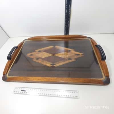 Vintage Wooden And Glass Topped Serving Tray 