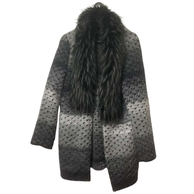  Womens Donna Salyers Size XL Grey/ Black Knitted Jacket with Faux Fur Trim