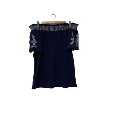 Rockmans Womens  Size L Off-the-shoulder Top Navy Blue / White 