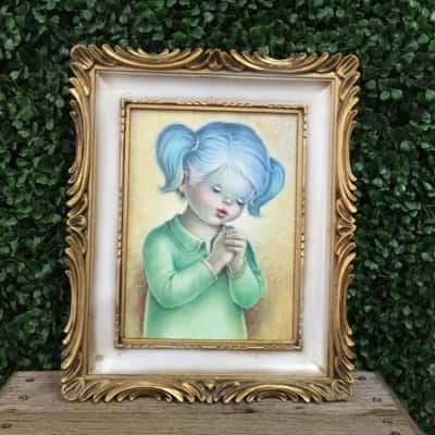 3 x Vintage praying children prints, with ornate wood frame