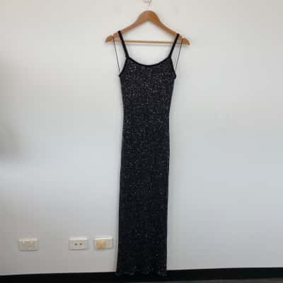 Lily Loves Black Silver Sequin Bodycon Midi Dress Size S 