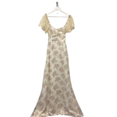 Vintage Cottagecore Maxi Dress Prairie Style Flutter Sleeve Cresm Size S