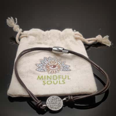 Fossil Brown Leather Adjustable Bracelet With C.Z. Disc In Mindful Soules Pouch   11525735