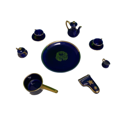 Vintage Selection of Limoges France Cobalt Blue/Gold Miniature Porcelain 10 Pieces Tea Set + 1 Handled Pot  1 Grand Piano