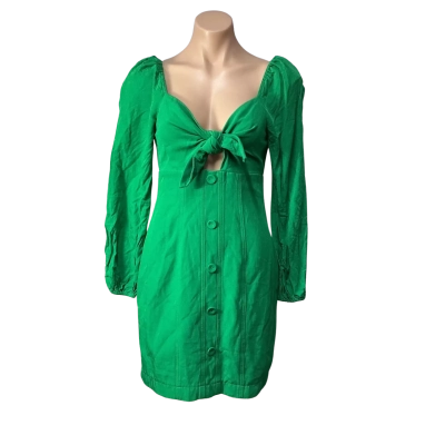 Sheike Womens Size 8 Bright Green Linen Blend Tie Front Long Sleeve Mini Dress