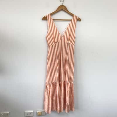 Savel White Orange Striped Sleeveless Midi Dress Size 8 