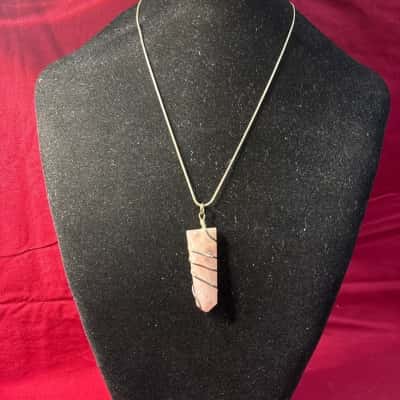 Women's Rose Quartz Crystal in Wired Wrap Setting on a Silver Chain Pendant 