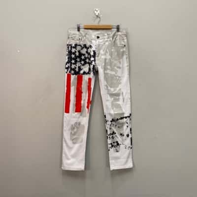  American Flag Cotton Jeans Mens  Size 33 Straight Leg Pants Blue / Red / White 
