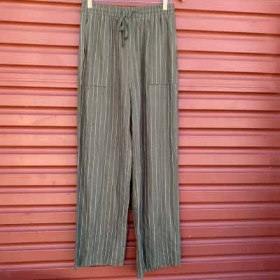 Sunny Girl Womens Size 10 Olive/White Pin Stripe Casual Linen Blend Pants  