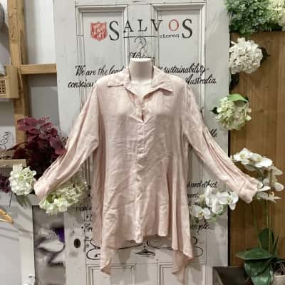 TALIA BENSON BRAND! MADE IN ITALY! 100% SUPERIOR LINEN LONGLINE SHIRT! NWOT Womens  Size XL 3/4 Sleeve Shirt / V-Neck Top Peach 