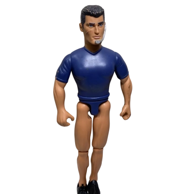 vintage 2001 Hasbro Action Man articulated action figure wearing a blue top and a wired headset