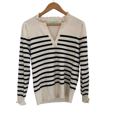 Blue Illusion Womens 100% Merino Wool Size M Cardigan Navy Blue / Off White / Striped 