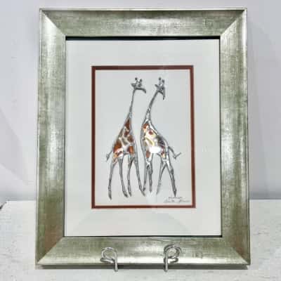 Original African Silver Craft  Giraffe Framed Behind Glass