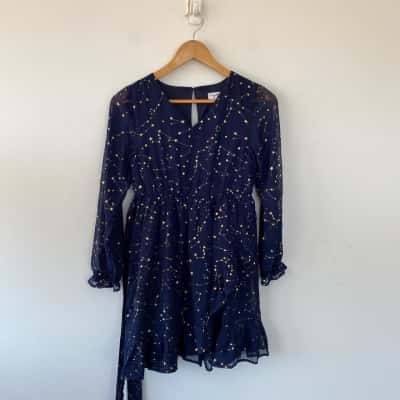 Origami Navy Blue Gold Star Print Long SLeeve Mini Dress Size 14 