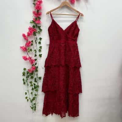 Petal + Pup Womens Elijah Lace Tulle Tiered Maxi Dress Size M Red 