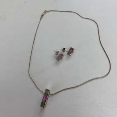 925 Sterling Silver Pink Stone Earrings And Necklace Set