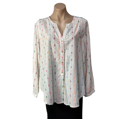 Blue Illusion Womens Size L Cream / Multicoloured Striped Long Sleeve V-neck Blouse