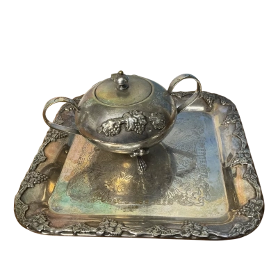 Vintage silver plated sugar bowl and matching grapevine serving tray 