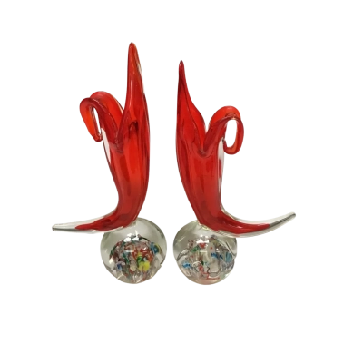 Two Vintage Japanese Fish-tail Glass Vases With Colourful Millefiori Paperweight Bases