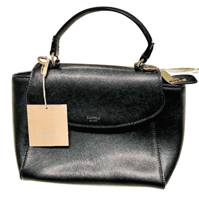 BNWT Oroton Small, Black, Leather Satchel w/ Pale Golden Accents